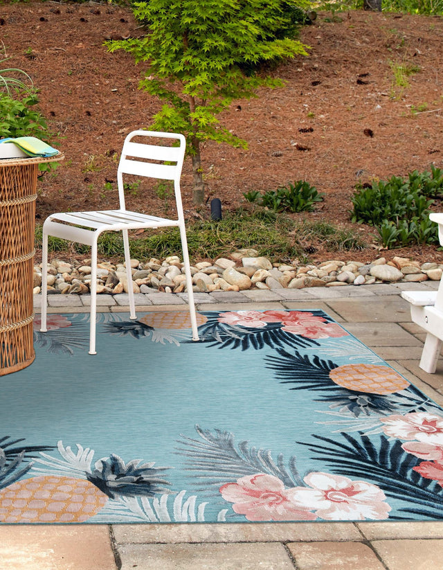 Blue 8' 2 x 8' 2 Outdoor Botanical Square Area Rug Weather Resistant for Patio, Deck, Terrace, Balcony, Porch Polypropylene Garden Floral Tropical Carpet for Sale at Rug Engine
