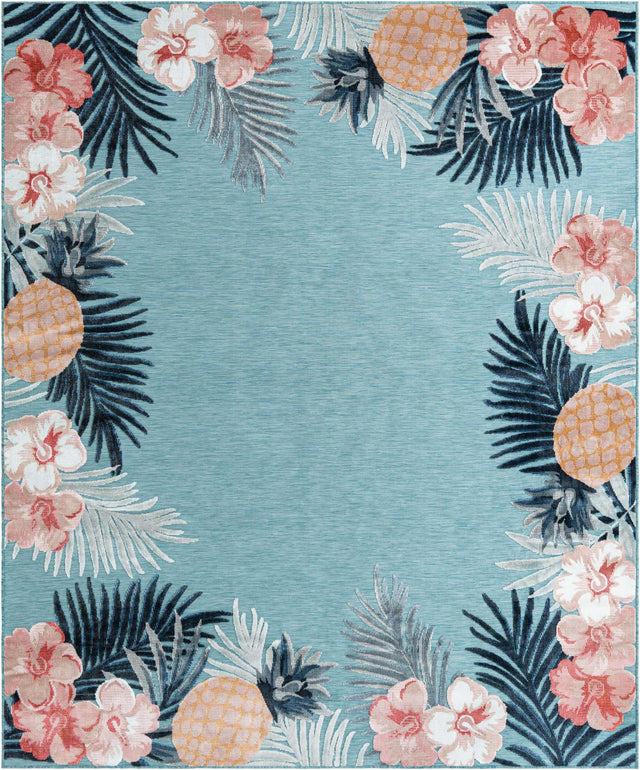 Blue 8' 2 x 10' Outdoor Botanical Rectangle Area Rug Weather Resistant for Patio, Deck, Terrace, Balcony, Porch Polypropylene Garden Floral Tropical Carpet for Sale at Rug Engine