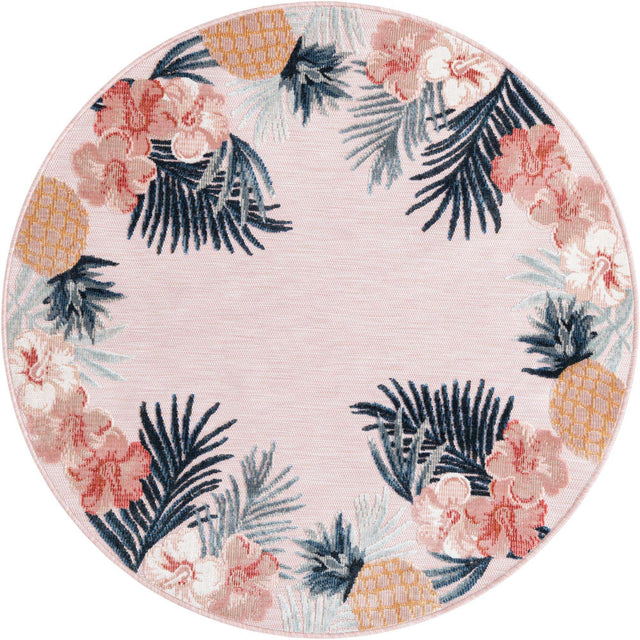 Pink 4' 5 x 4' 5 Outdoor Botanical Round Area Rug Weather Resistant for Patio, Deck, Terrace, Balcony, Porch Polypropylene Garden Floral Tropical Carpet for Sale at Rug Engine
