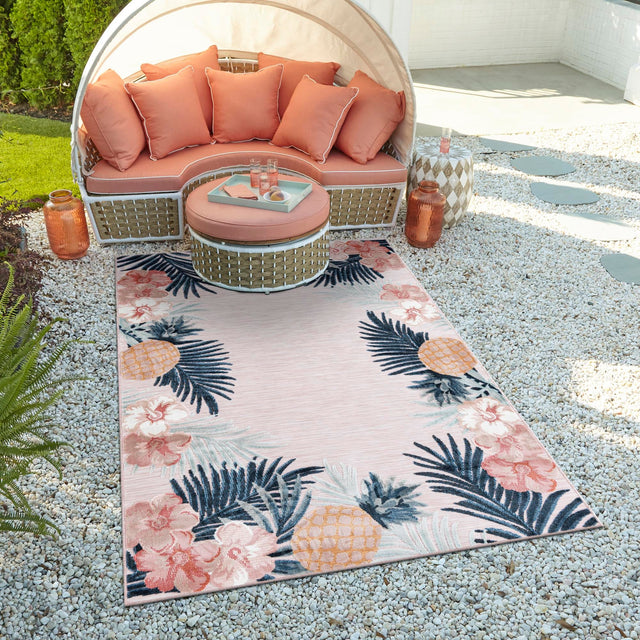 Pink 4' 5 x 6' 1 Outdoor Botanical Rectangle Area Rug Weather Resistant for Patio, Deck, Terrace, Balcony, Porch Polypropylene Garden Floral Tropical Carpet for Sale at Rug Engine