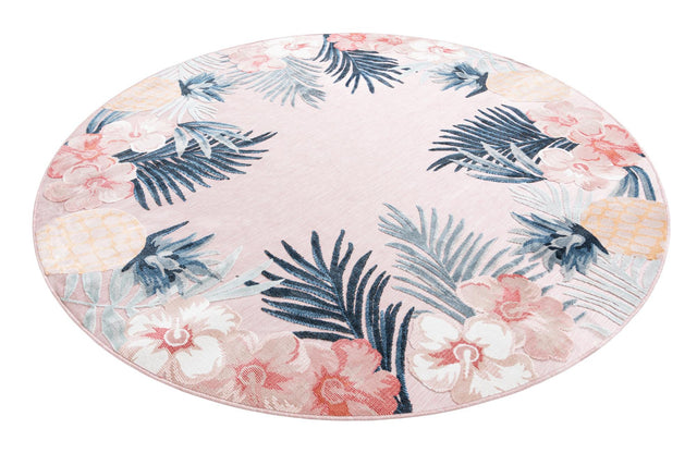 Pink 8' 2 x 8' 2 Outdoor Botanical Round Area Rug Weather Resistant for Patio, Deck, Terrace, Balcony, Porch Polypropylene Garden Floral Tropical Carpet for Sale at Rug Engine