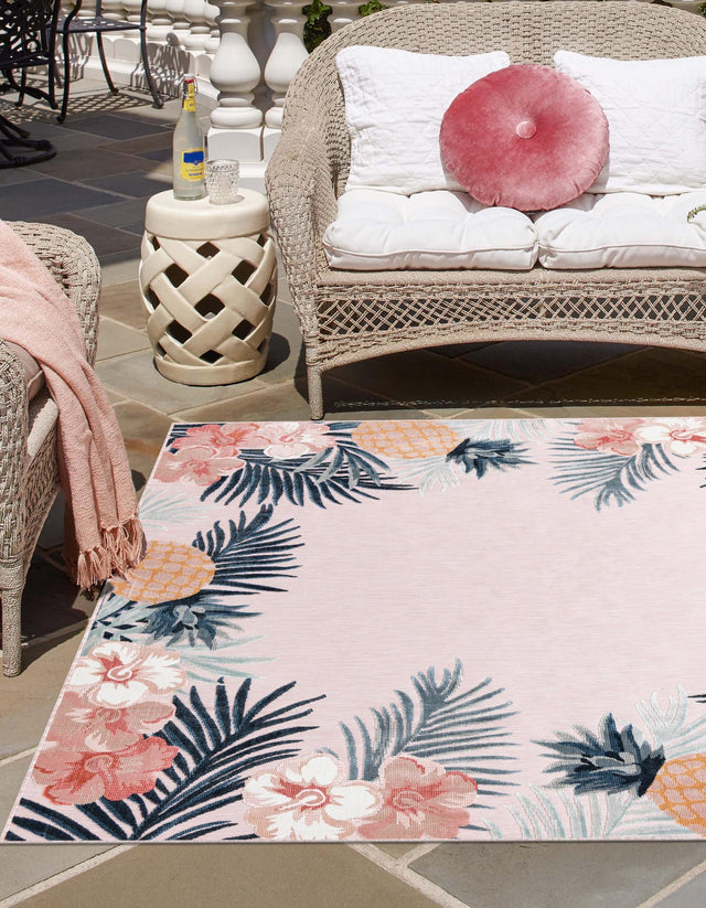 Pink 8' 2 x 8' 2 Outdoor Botanical Square Area Rug Weather Resistant for Patio, Deck, Terrace, Balcony, Porch Polypropylene Garden Floral Tropical Carpet for Sale at Rug Engine