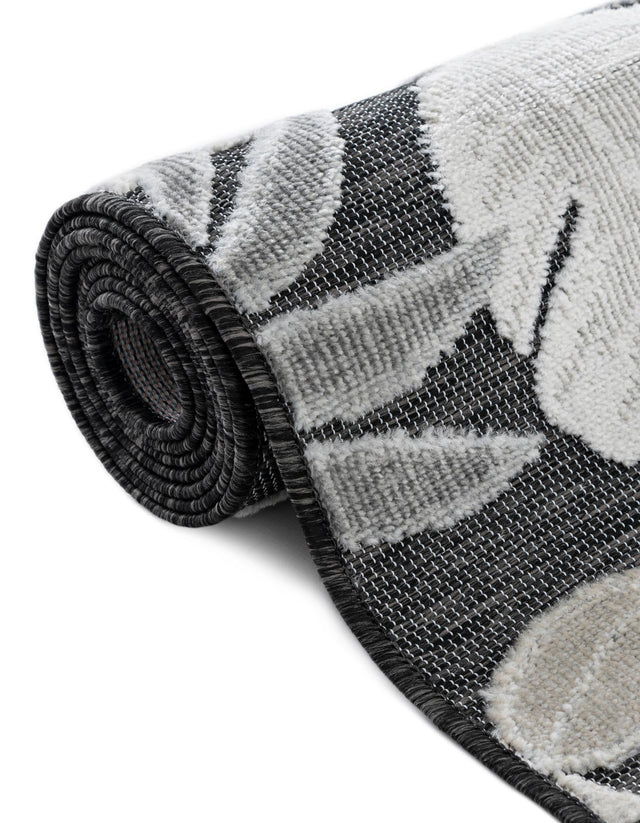 Black 4' 5 x 4' 5 Outdoor Botanical Round Area Rug Weather Resistant for Patio, Deck, Terrace, Balcony, Porch Polypropylene Garden Floral Tropical Carpet for Sale at Rug Engine