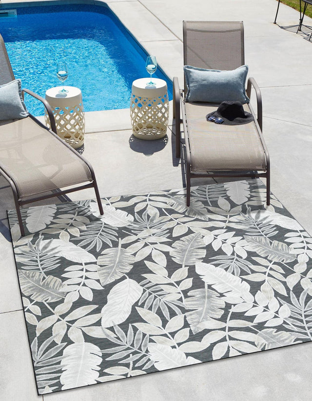 Black 8' 2 x 8' 2 Outdoor Botanical Square Area Rug Weather Resistant for Patio, Deck, Terrace, Balcony, Porch Polypropylene Garden Floral Tropical Carpet for Sale at Rug Engine