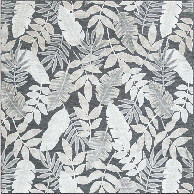 Black 8' 2 x 8' 2 Outdoor Botanical Square Area Rug Weather Resistant for Patio, Deck, Terrace, Balcony, Porch Polypropylene Garden Floral Tropical Carpet for Sale at Rug Engine