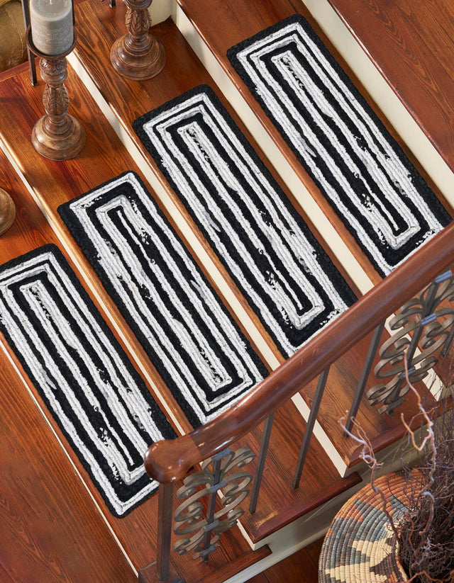 13 pcs Black and White 0' 9 x 2' 6 Braided Chindi Indoor Stair Treads Accent Area Rug Staircase Set 100% Cotton Hand Braided Natural Eco-Friendly Boho Style Modern Carpet for Living Rooms Dining Office Dorm for Sale at Rug Engine