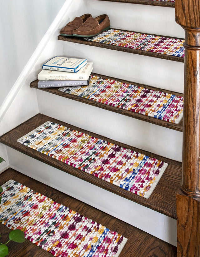 13 pcs Multicolor 0' 9 x 2' 6 Braided Chindi Indoor Stair Treads Accent Area Rug Staircase Set 100% Cotton Hand Braided Natural Eco-Friendly Boho Style Modern Carpet for Living Rooms Dining Office Dorm for Sale at Rug Engine