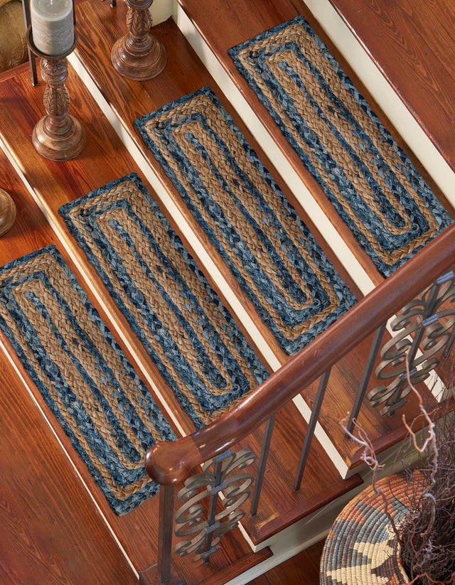 13 pcs Blue and Natural 0' 9 x 2' 6 Braided Chindi Indoor Stair Treads Accent Area Rug Staircase Set 100% Cotton Hand Braided Natural Eco-Friendly Boho Style Modern Carpet for Living Rooms Dining Office Dorm for Sale at Rug Engine
