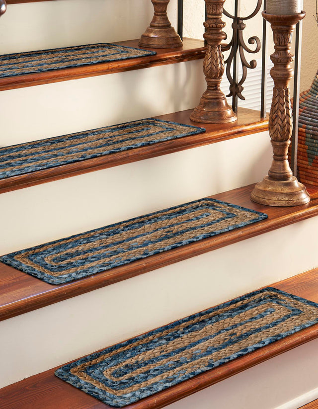 13 pcs Blue and Natural 0' 9 x 2' 6 Braided Chindi Indoor Stair Treads Accent Area Rug Staircase Set 100% Cotton Hand Braided Natural Eco-Friendly Boho Style Modern Carpet for Living Rooms Dining Office Dorm for Sale at Rug Engine