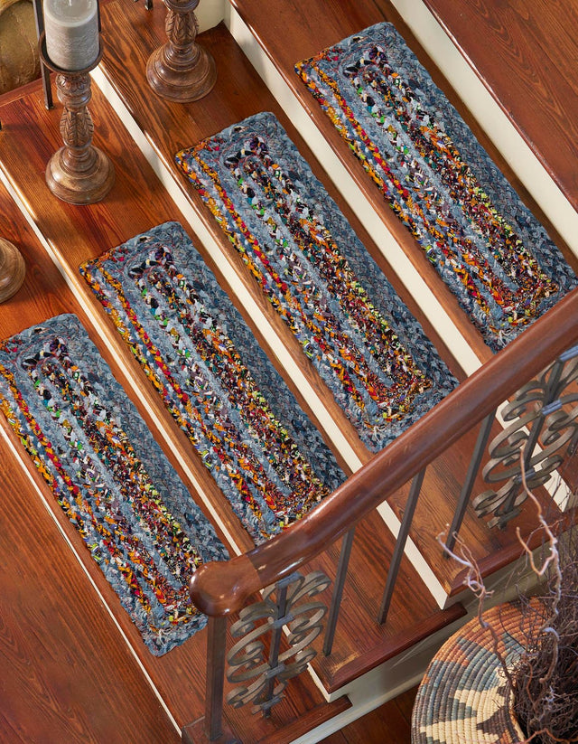 13 pcs Blue and Multicolor 0' 9 x 2' 6 Braided Chindi Indoor Stair Treads Accent Area Rug Staircase Set 100% Cotton Hand Braided Natural Eco-Friendly Boho Style Modern Carpet for Living Rooms Dining Office Dorm for Sale at Rug Engine