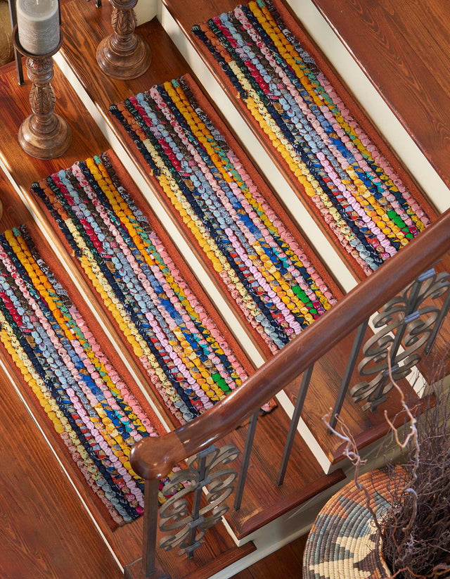 13 pcs Multicolor 0' 9 x 2' 6 Braided Chindi Indoor Stair Treads Accent Area Rug Staircase Set 100% Cotton Hand Braided Natural Eco-Friendly Boho Style Modern Carpet for Living Rooms Dining Office Dorm for Sale at Rug Engine