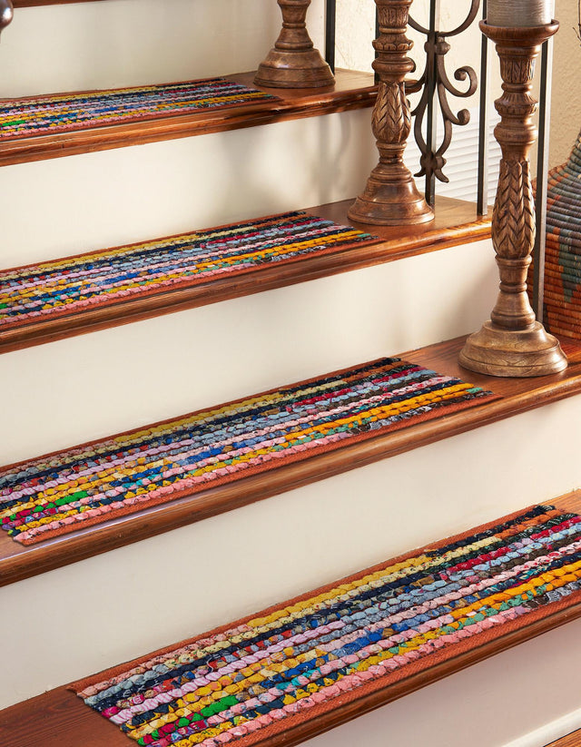 13 pcs Multicolor 0' 9 x 2' 6 Braided Chindi Indoor Stair Treads Accent Area Rug Staircase Set 100% Cotton Hand Braided Natural Eco-Friendly Boho Style Modern Carpet for Living Rooms Dining Office Dorm for Sale at Rug Engine