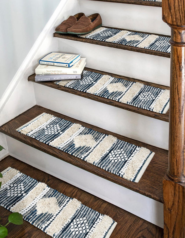 13 pcs Ivory 0' 9 x 2' 6 Cotton Chindi Indoor Stair Treads Accent Area Rug Staircase Set Geometric Boho Carpet Mat for Interior Design Home Decor for Sale at Rug Engine