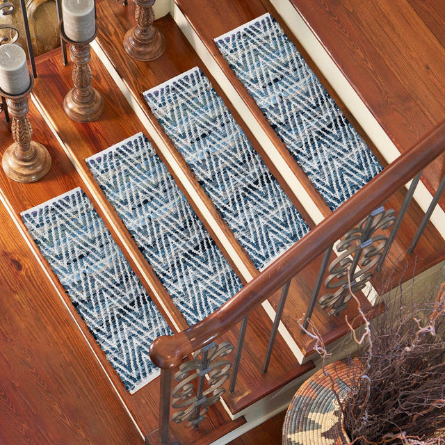 13 pcs Denim 0' 9 x 2' 6 Chindi Chevron Indoor Stair Treads Accent Area Rug Staircase Set 100% Denim Cotton All Natural Modern Geometric Carpet Dining Living Rooms Bathroom Dorm Decor for Sale at Rug Engine
