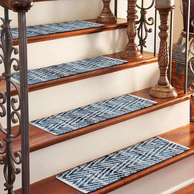 13 pcs Denim 0' 9 x 2' 6 Chindi Chevron Indoor Stair Treads Accent Area Rug Staircase Set 100% Denim Cotton All Natural Modern Geometric Carpet Dining Living Rooms Bathroom Dorm Decor for Sale at Rug Engine