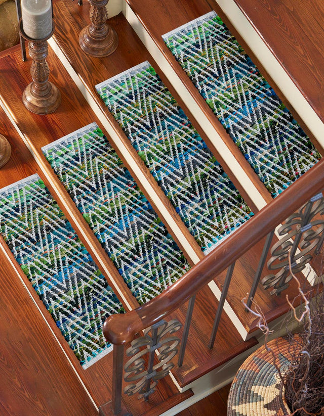 13 pcs Green 0' 9 x 2' 6 Chindi Chevron Indoor Stair Treads Accent Area Rug Staircase Set 100% Denim Cotton All Natural Modern Geometric Carpet Dining Living Rooms Bathroom Dorm Decor for Sale at Rug Engine