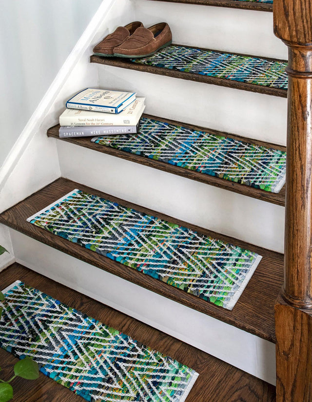 13 pcs Green 0' 9 x 2' 6 Chindi Chevron Indoor Stair Treads Accent Area Rug Staircase Set 100% Denim Cotton All Natural Modern Geometric Carpet Dining Living Rooms Bathroom Dorm Decor for Sale at Rug Engine