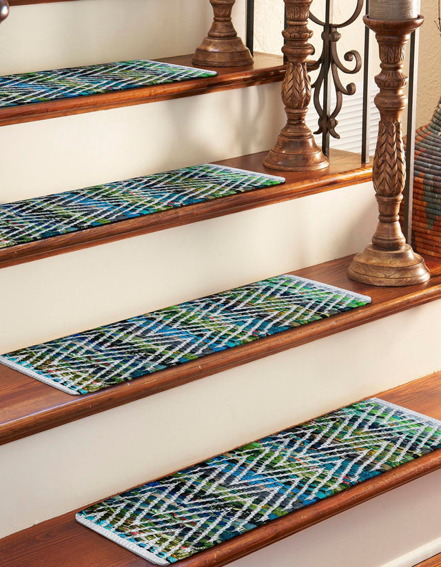 13 pcs Green 0' 9 x 2' 6 Chindi Chevron Indoor Stair Treads Accent Area Rug Staircase Set 100% Denim Cotton All Natural Modern Geometric Carpet Dining Living Rooms Bathroom Dorm Decor for Sale at Rug Engine