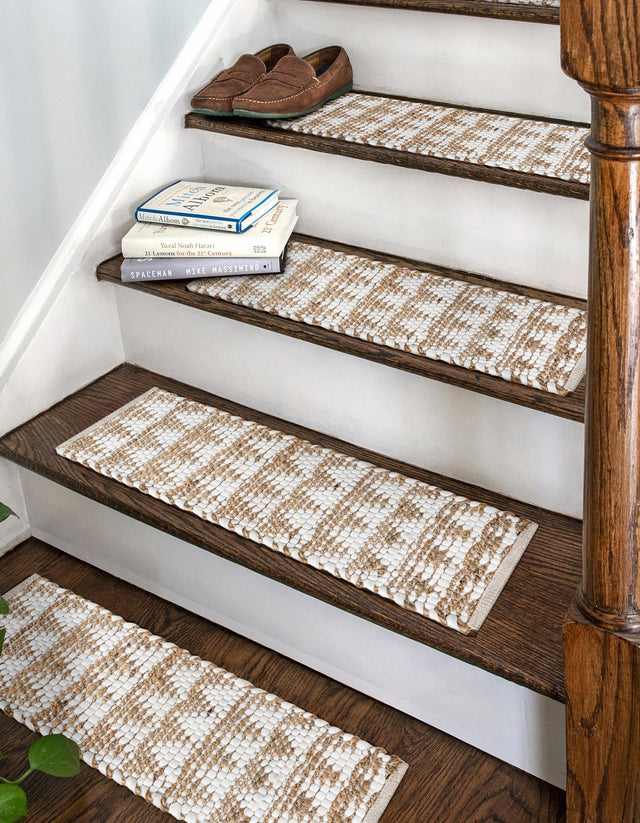 13 pcs White 0' 9 x 2' 6 Chindi Jute Indoor Stair Treads Accent Area Rug Staircase Set Interior Design Home Decor Carpet Mat for Sale at Rug Engine
