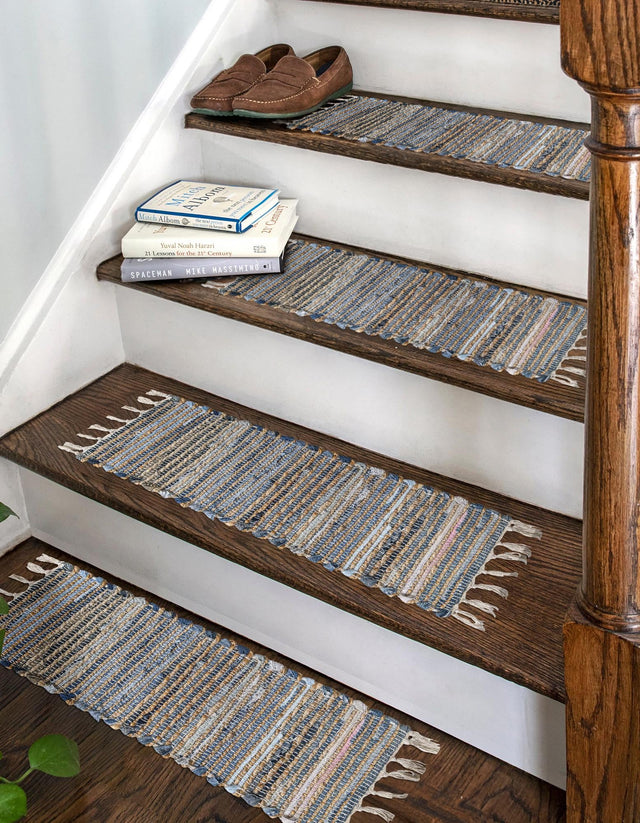 13 pcs Blue 0' 9 x 2' 6 Chindi Jute Indoor Stair Treads Accent Area Rug Staircase Set Interior Design Home Decor Carpet Mat for Sale at Rug Engine