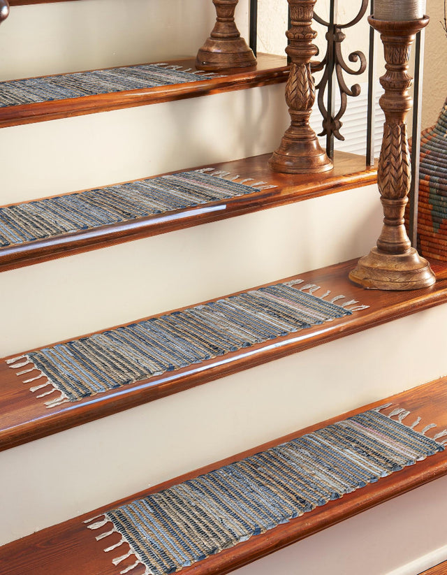 13 pcs Blue 0' 9 x 2' 6 Chindi Jute Indoor Stair Treads Accent Area Rug Staircase Set Interior Design Home Decor Carpet Mat for Sale at Rug Engine