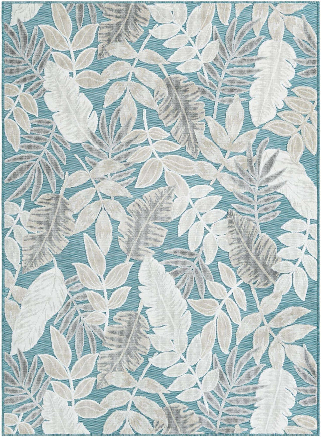 Light Blue 4' 5 x 6' 1 Outdoor Botanical Rectangle Area Rug Weather Resistant for Patio, Deck, Terrace, Balcony, Porch Polypropylene Garden Floral Tropical Carpet for Sale at Rug Engine