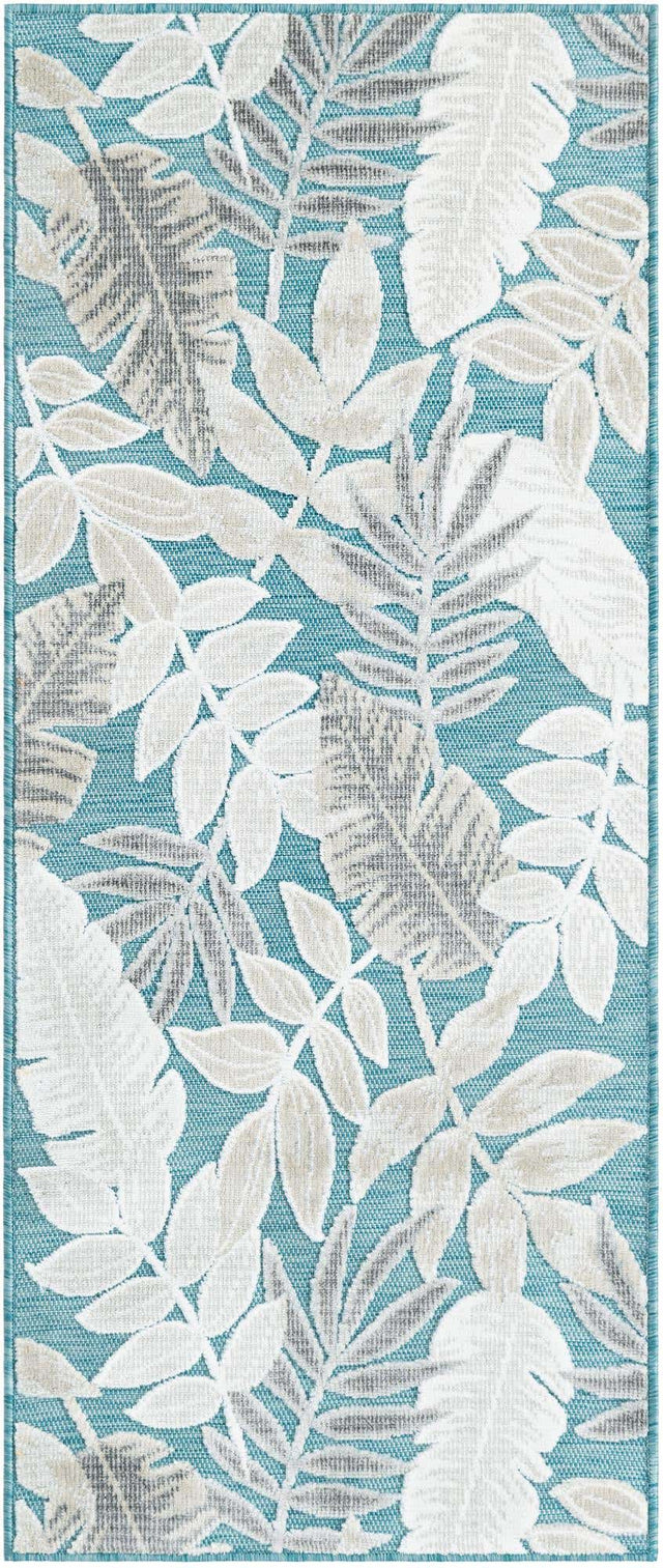 Light Blue 2' 2 x 5' 3 Outdoor Botanical Runner Area Rug Weather Resistant for Patio, Deck, Terrace, Balcony, Porch Polypropylene Garden Floral Tropical Carpet for Sale at Rug Engine
