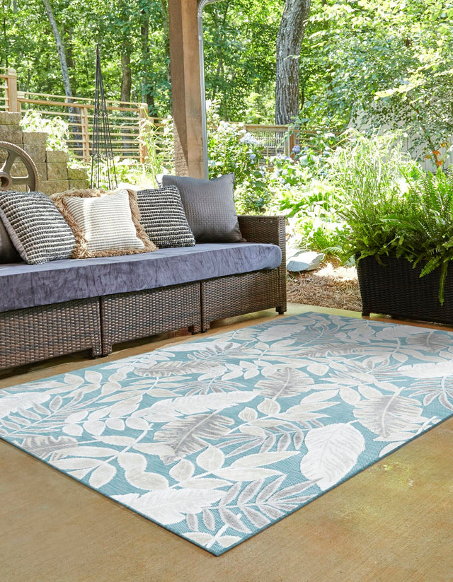 Light Blue 8' 2 x 10' Outdoor Botanical Rectangle Area Rug Weather Resistant for Patio, Deck, Terrace, Balcony, Porch Polypropylene Garden Floral Tropical Carpet for Sale at Rug Engine