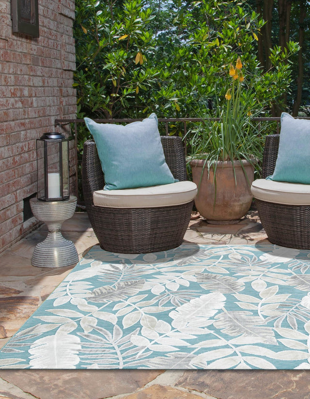 Light Blue 8' 2 x 8' 2 Outdoor Botanical Square Area Rug Weather Resistant for Patio, Deck, Terrace, Balcony, Porch Polypropylene Garden Floral Tropical Carpet for Sale at Rug Engine