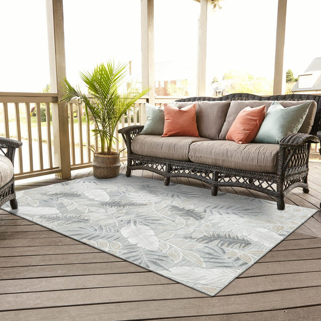 Gray 8' 2 x 10' Outdoor Botanical Rectangle Area Rug Weather Resistant for Patio, Deck, Terrace, Balcony, Porch Polypropylene Garden Floral Tropical Carpet for Sale at Rug Engine
