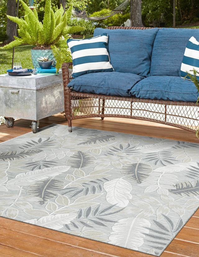 Gray 8' 2 x 8' 2 Outdoor Botanical Square Area Rug Weather Resistant for Patio, Deck, Terrace, Balcony, Porch Polypropylene Garden Floral Tropical Carpet for Sale at Rug Engine