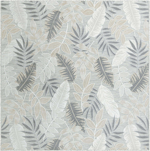 Gray 8' 2 x 8' 2 Outdoor Botanical Square Area Rug Weather Resistant for Patio, Deck, Terrace, Balcony, Porch Polypropylene Garden Floral Tropical Carpet for Sale at Rug Engine