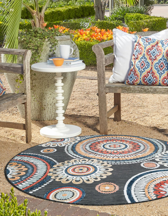 Black 4' 5 x 4' 5 Outdoor Botanical Round Area Rug Weather Resistant for Patio, Deck, Terrace, Balcony, Porch Polypropylene Garden Floral Tropical Carpet for Sale at Rug Engine
