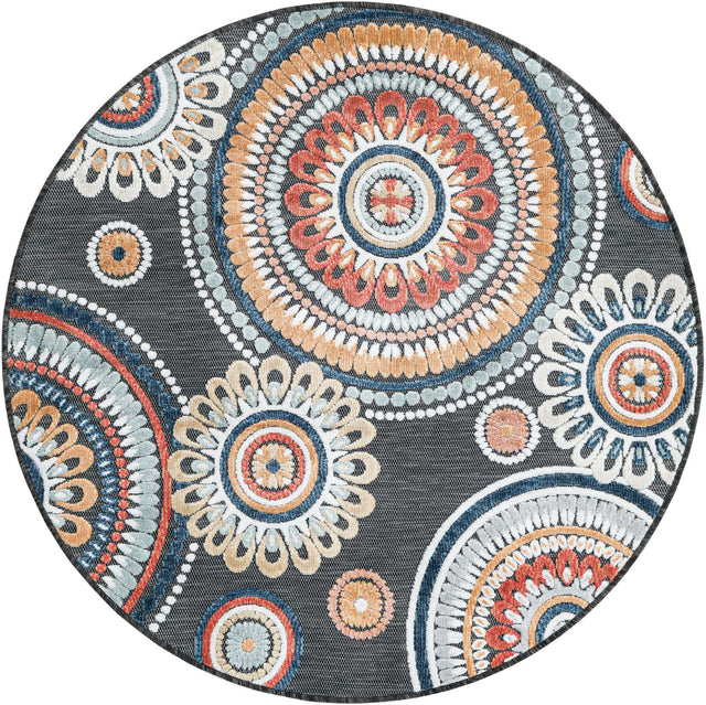 Black 4' 5 x 4' 5 Outdoor Botanical Round Area Rug Weather Resistant for Patio, Deck, Terrace, Balcony, Porch Polypropylene Garden Floral Tropical Carpet for Sale at Rug Engine