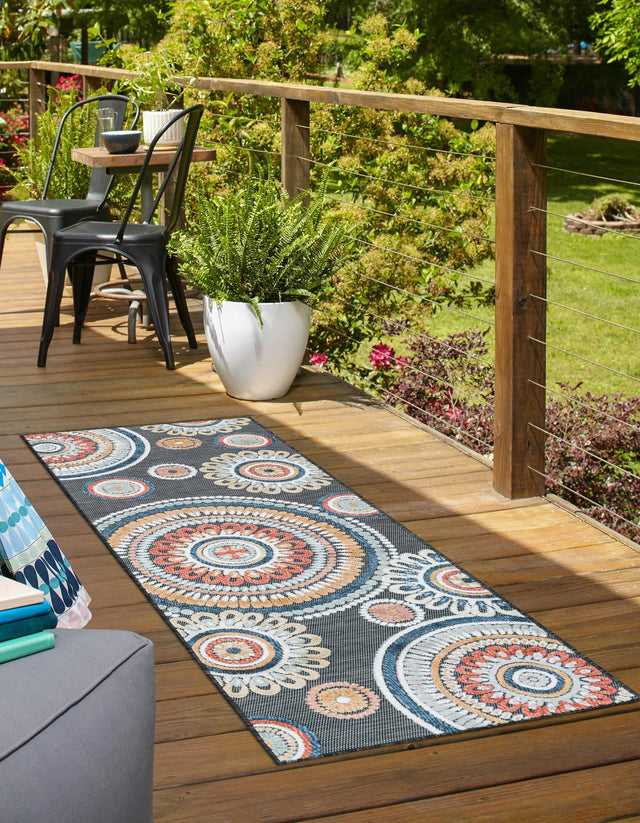 Black 2' 2 x 8' Outdoor Botanical Runner Area Rug Weather Resistant for Patio, Deck, Terrace, Balcony, Porch Polypropylene Garden Floral Tropical Carpet for Sale at Rug Engine