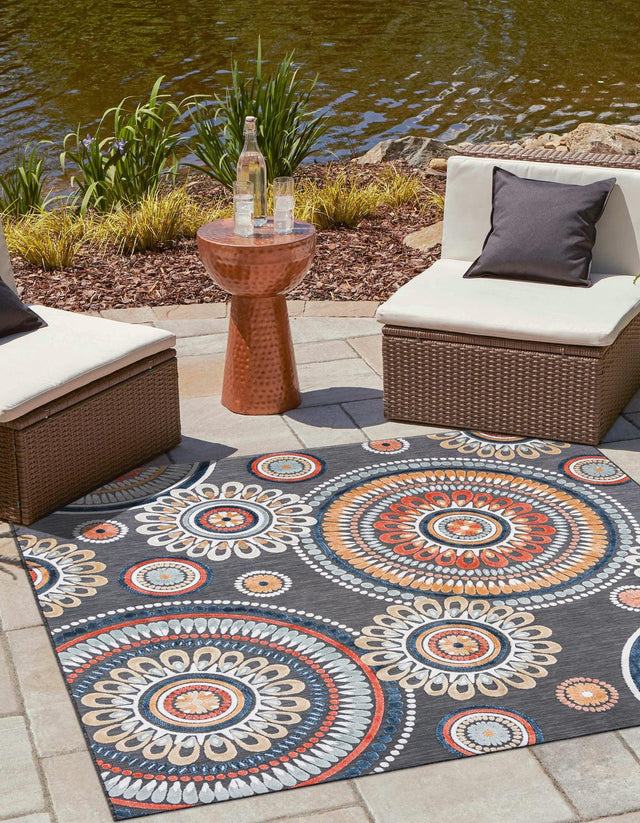 Black 8' 2 x 8' 2 Outdoor Botanical Square Area Rug Weather Resistant for Patio, Deck, Terrace, Balcony, Porch Polypropylene Garden Floral Tropical Carpet for Sale at Rug Engine