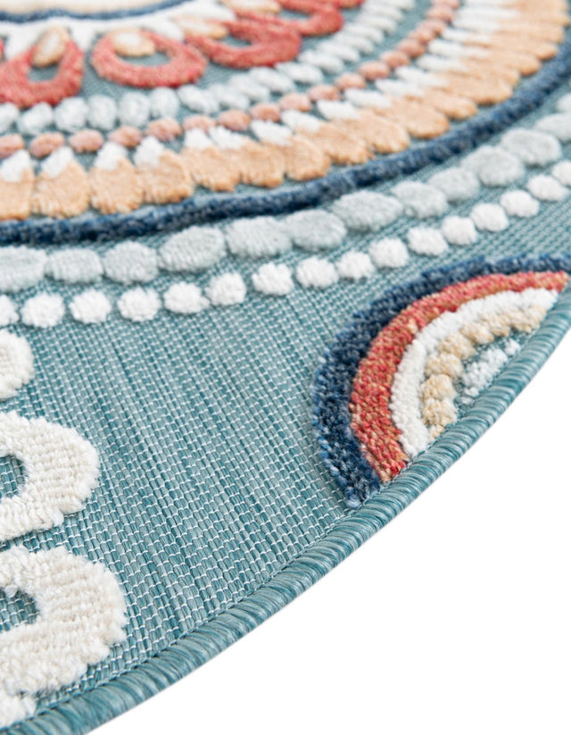 Light Blue 8' 2 x 8' 2 Outdoor Botanical Round Area Rug Weather Resistant for Patio, Deck, Terrace, Balcony, Porch Polypropylene Garden Floral Tropical Carpet for Sale at Rug Engine