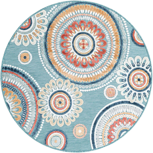 Light Blue 4' 5 x 4' 5 Outdoor Botanical Round Area Rug Weather Resistant for Patio, Deck, Terrace, Balcony, Porch Polypropylene Garden Floral Tropical Carpet for Sale at Rug Engine