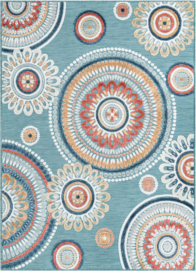 Light Blue 4' 5 x 6' 1 Outdoor Botanical Rectangle Area Rug Weather Resistant for Patio, Deck, Terrace, Balcony, Porch Polypropylene Garden Floral Tropical Carpet for Sale at Rug Engine