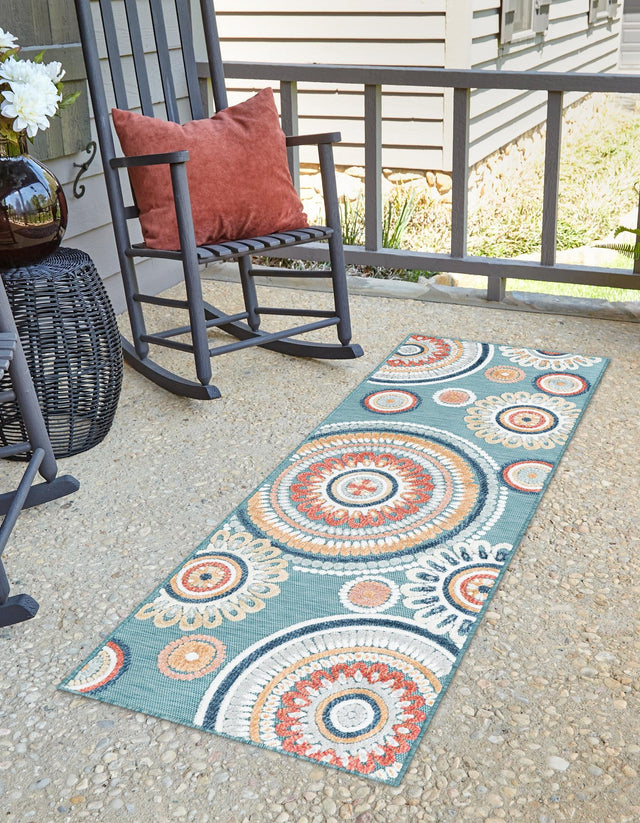 Light Blue 2' 2 x 8' Outdoor Botanical Runner Area Rug Weather Resistant for Patio, Deck, Terrace, Balcony, Porch Polypropylene Garden Floral Tropical Carpet for Sale at Rug Engine