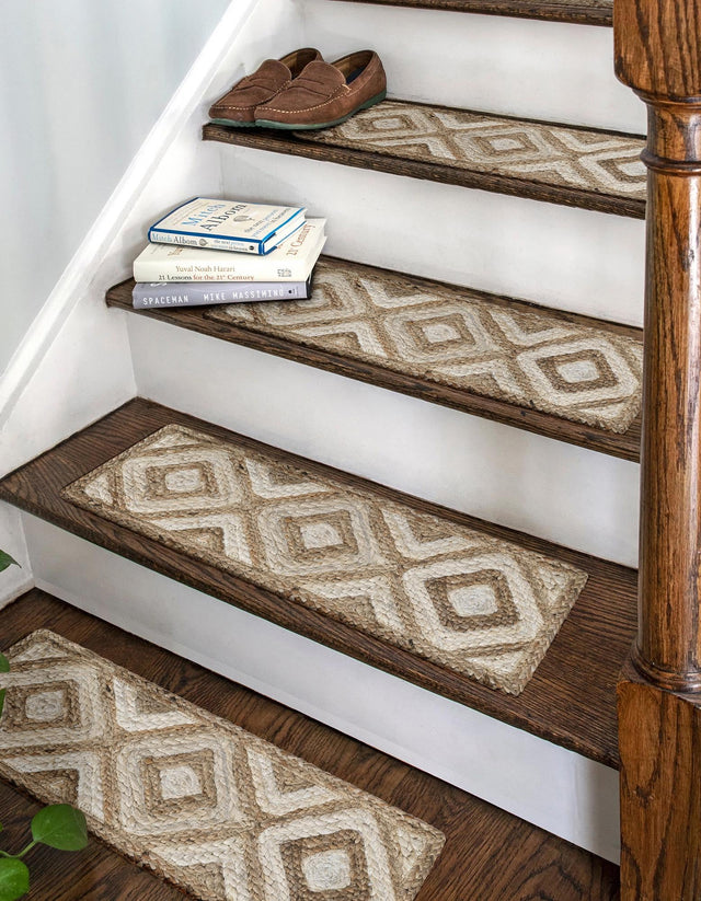 13 pcs Natural 0' 9 x 2' 6 Braided Jute Indoor Stair Treads Accent Area Rug Staircase Set 100% Jute Hand Braided Natural Eco-Friendly Boho Style Carpet for Living Rooms Dining Office Space Dorms for Sale at Rug Engine