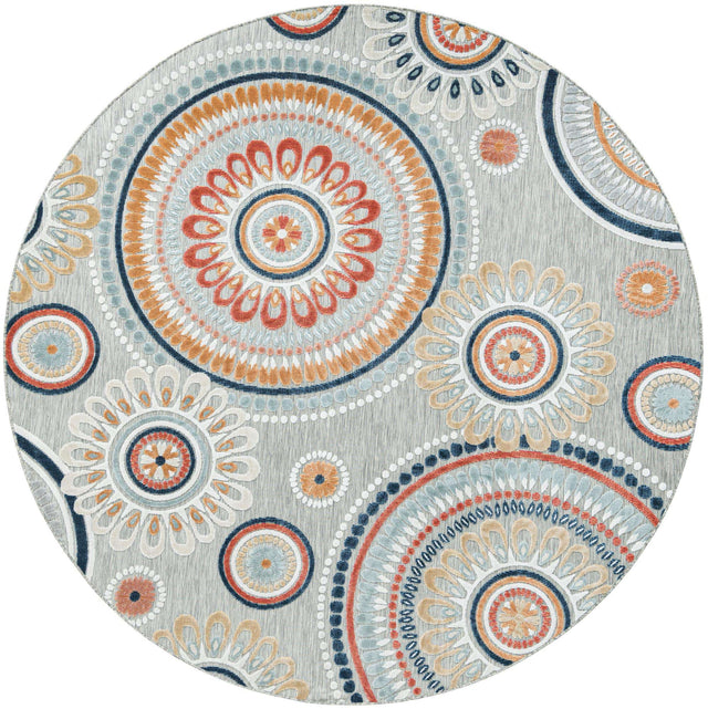 Gray 8' 2 x 8' 2 Outdoor Botanical Round Area Rug Weather Resistant for Patio, Deck, Terrace, Balcony, Porch Polypropylene Garden Floral Tropical Carpet for Sale at Rug Engine