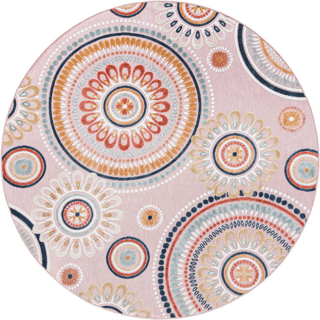 Pink 8' 2 x 8' 2 Outdoor Botanical Round Area Rug Weather Resistant for Patio, Deck, Terrace, Balcony, Porch Polypropylene Garden Floral Tropical Carpet for Sale at Rug Engine