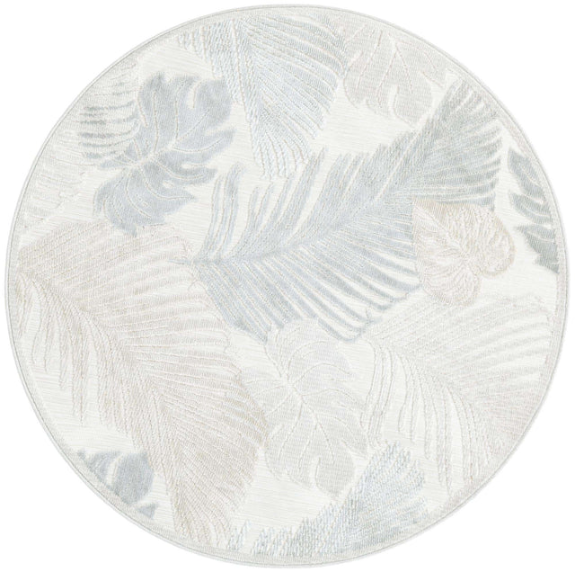 Gray 4' 5 x 4' 5 Outdoor Botanical Round Area Rug Weather Resistant for Patio, Deck, Terrace, Balcony, Porch Polypropylene Garden Floral Tropical Carpet for Sale at Rug Engine