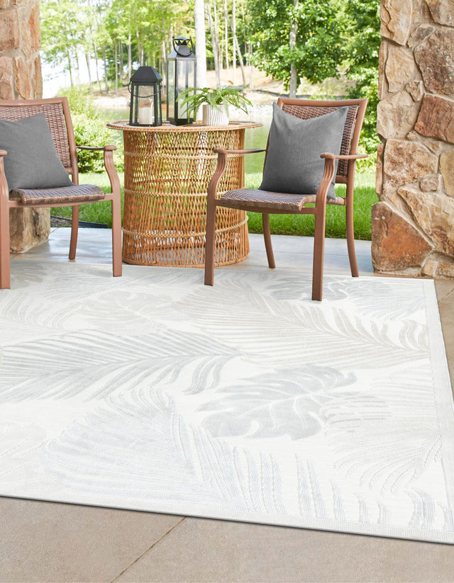 Gray 8' 2 x 8' 2 Outdoor Botanical Square Area Rug Weather Resistant for Patio, Deck, Terrace, Balcony, Porch Polypropylene Garden Floral Tropical Carpet for Sale at Rug Engine