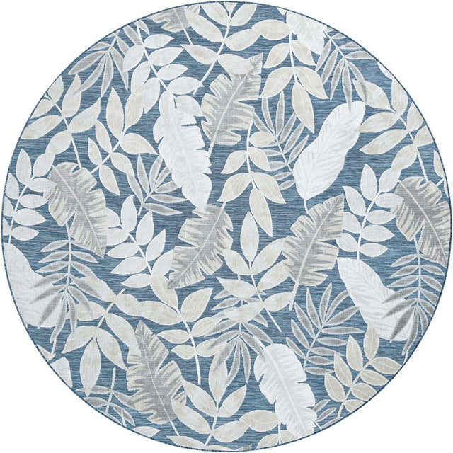 Navy Blue 8' 2 x 8' 2 Outdoor Botanical Round Area Rug Weather Resistant for Patio, Deck, Terrace, Balcony, Porch Polypropylene Garden Floral Tropical Carpet for Sale at Rug Engine