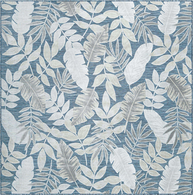 Navy Blue 8' 2 x 8' 2 Outdoor Botanical Square Area Rug Weather Resistant for Patio, Deck, Terrace, Balcony, Porch Polypropylene Garden Floral Tropical Carpet for Sale at Rug Engine