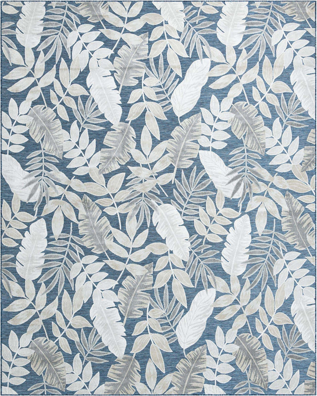 Navy Blue 9' 9 x 12' Outdoor Botanical Rectangle Area Rug Weather Resistant for Patio, Deck, Terrace, Balcony, Porch Polypropylene Garden Floral Tropical Carpet for Sale at Rug Engine