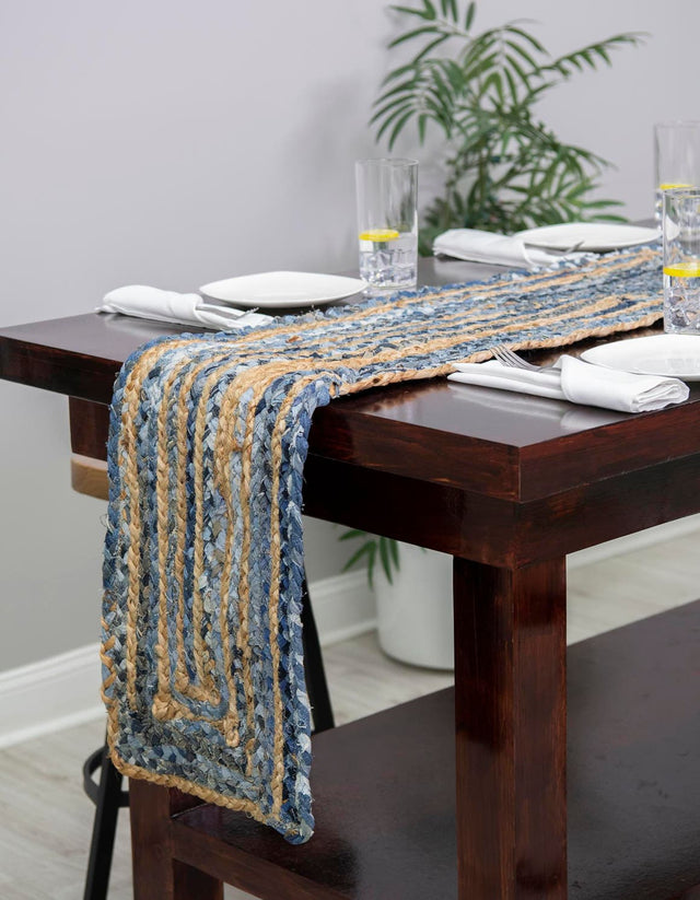 Blue and Natural 1' 2 x 8' Braided Chindi Table Runner Area Rug Decorative Dining Room Kitchen All Natural Material Table Cover 100% Cotton Hand Braided Natural Eco-Friendly Boho Style Modern Carpet for Living Rooms Dining Office Dorm for Sale at Rug Engine