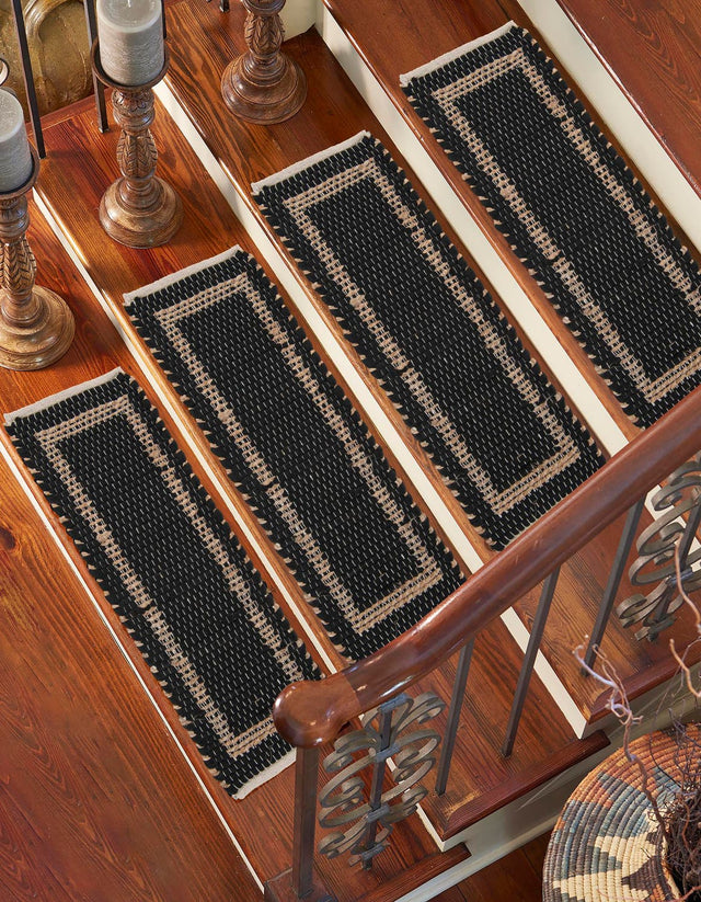 13 pcs Black 0' 9 x 2' 6 Chindi Jute Indoor Stair Treads Accent Area Rug Staircase Set Interior Design Home Decor Carpet Mat for Sale at Rug Engine